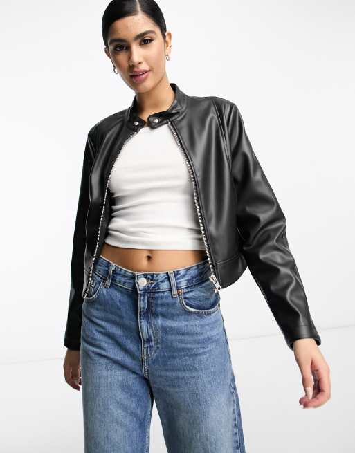 ASOS DESIGN - Krympet sort bikerjakke i imiteret læder 