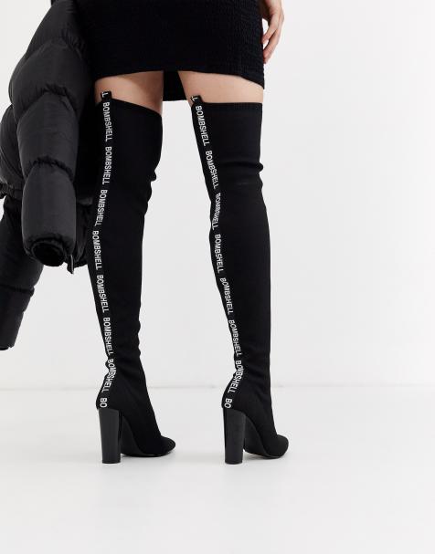 ASOS DESIGN – Kudos Bombshell – Overknee-Stiefel aus schwarzem Strickmaterial