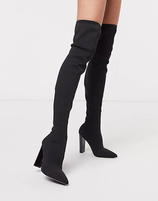 ASOS DESIGN Kudos knitted block heel thigh high boots in black