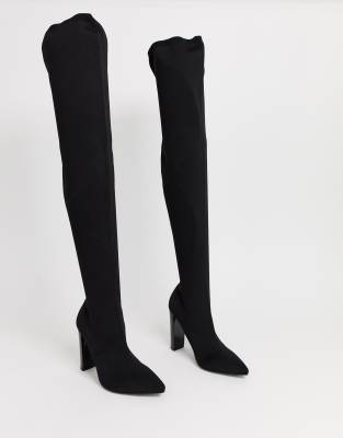 leather block heel knee high boots