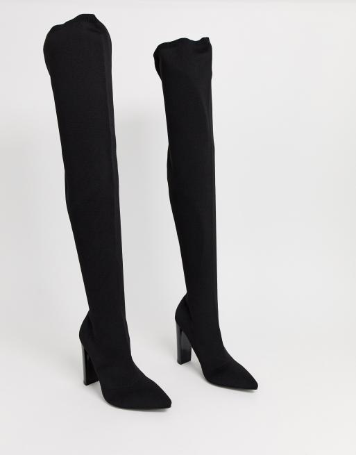 ASOS DESIGN Kudos knitted block heel thigh high boots in black