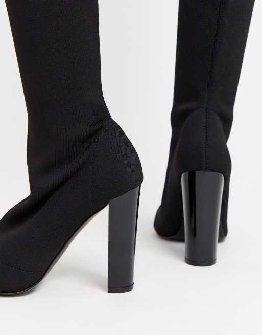 ASOS DESIGN Kudos knitted block heel thigh high boots in black