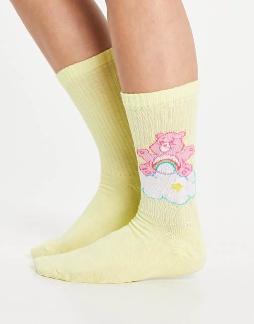 ASOS DESIGN - Kuithoge geribbelde sokken met Care Bears-motief in citroengeeel, 2 van 4