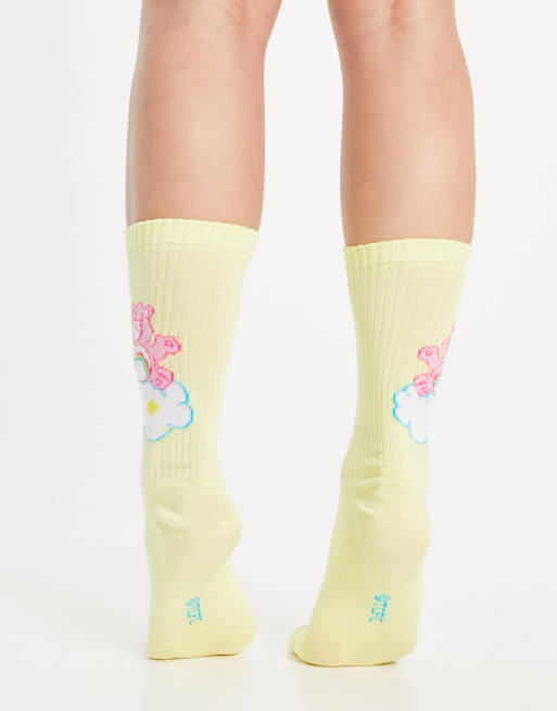 ASOS DESIGN - Kuithoge geribbelde sokken met Care Bears-motief in citroengeeel, 3 van 4