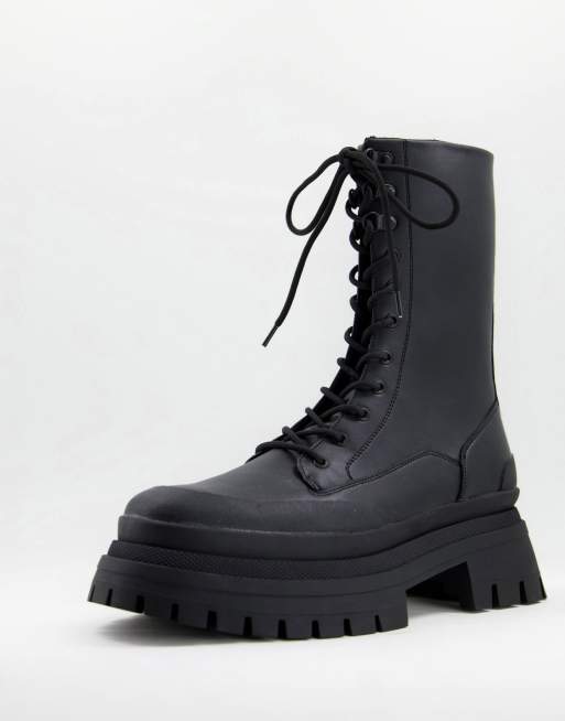 ASOS DESIGN - Kuithoge veterlaarzen met driedubbele gestapelde zool en contrasterende stiksels van zwart imitatieleer