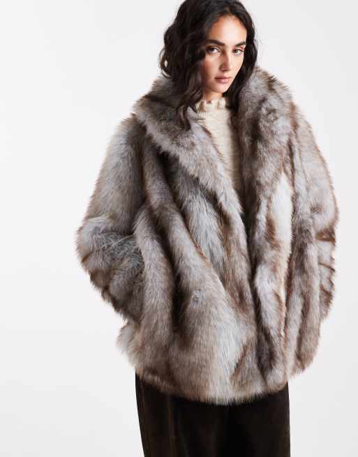 ASOS DESIGN – Kunstpelzmantel in Blau mit Kontraststreifen in Braun, 4 von 4