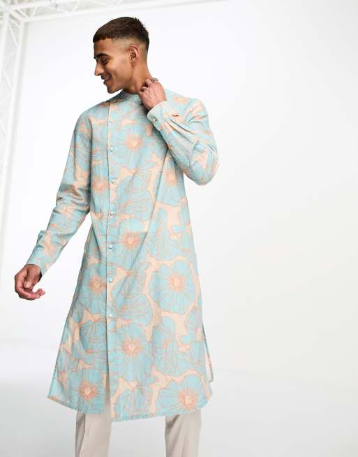 ASOS DESIGN - Kurta - Asymmetrisk longline-skjorte med abstrakt blomsterprint i blåt hør, 2 af 4