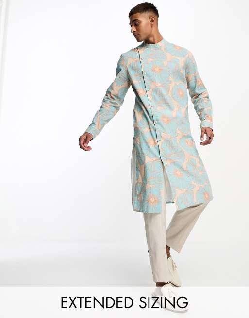ASOS DESIGN - Kurta - Camicia asimmetrica taglio lungo blu con stampa astratta floreale in lino