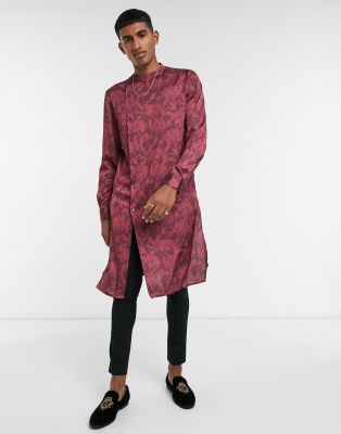 Asos Design Kurta Camicia Lunga Regular Fit A Fiori Rossi Tono Su Tono E Colletto Alla Coreana Asos