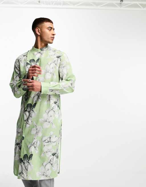 ASOS DESIGN – Kurta – Grön, blommig, lång linneskjorta med asymmetrisk fåll, 2 av 4