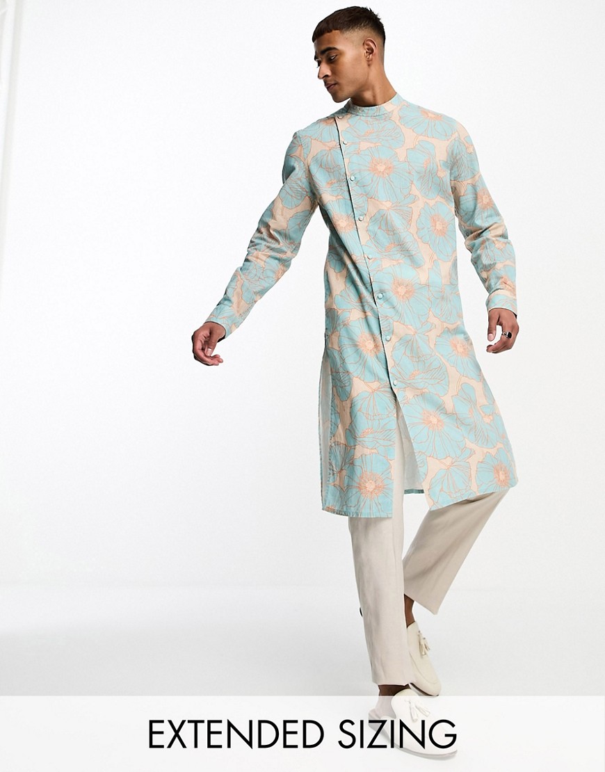 ASOS DESIGN kurta longline linen asymmetric shirt in blue abstract floral print