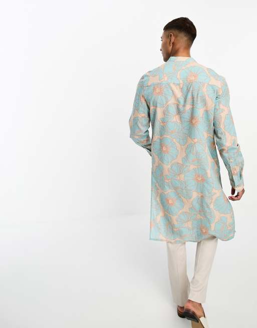 ASOS DESIGN kurta longline linen asymmetric shirt in blue abstract floral print, 4 of 4