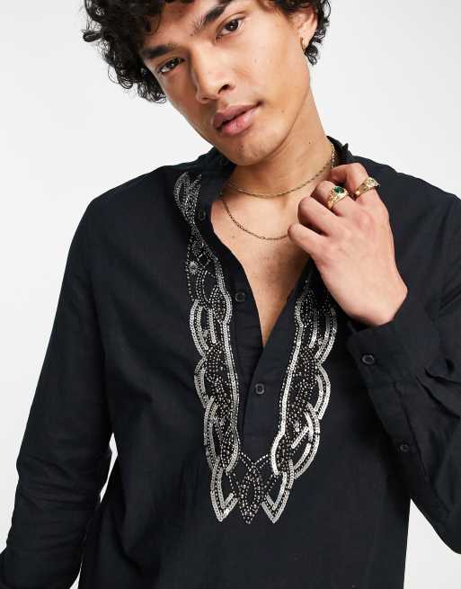 ASOS DESIGN kurta longline linen mix shirt with hand embellishment in black , 3 of 4