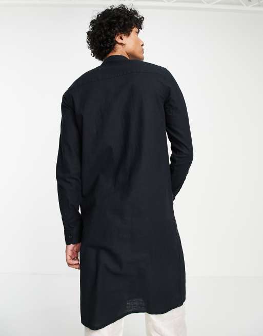 ASOS DESIGN kurta longline linen mix shirt with hand embellishment in black , 4 of 4