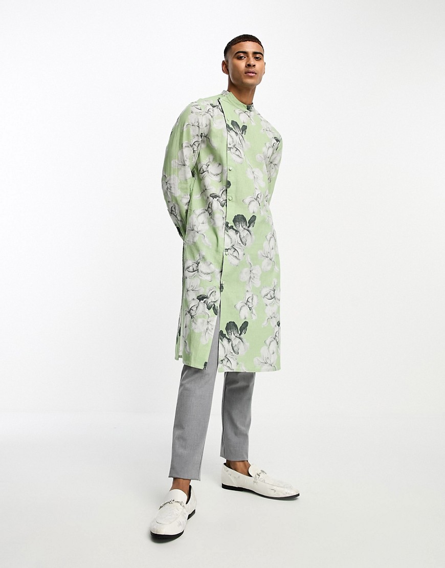 ASOS DESIGN kurta longline linen shirt with asymmetric hem in green floral print