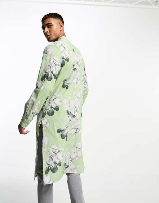 ASOS DESIGN kurta longline linen shirt with asymmetric hem in green floral print, 4 of 4