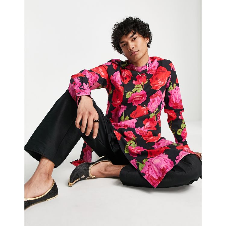 ASOS DESIGN kurta longline linen shirt with floral design and