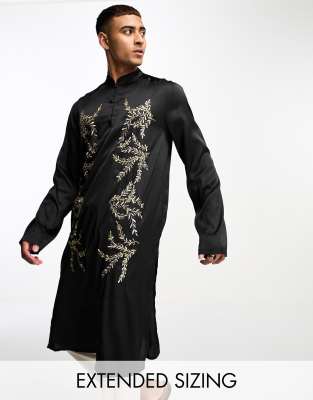 Buy Black Floral Embroidered Cotton Mens Kurta Online