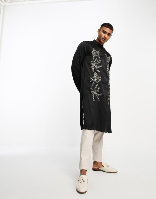 ASOS DESIGN kurta longline satin shirt with metallic floral embroidery in black, 3 of 4