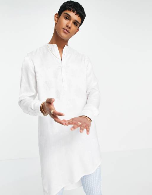 ASOS Kurta Longline Asymmetric Linen Shirt in Pink for Men