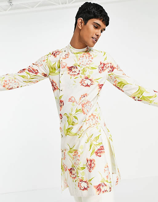 ASOS DESIGN kurta longline shirt in floral linen print with asymmetric front