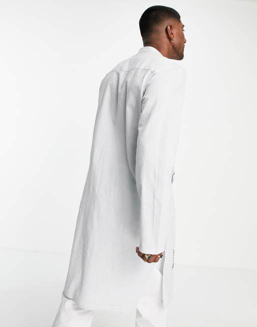 ASOS DESIGN kurta longline shirt with embroidery in blue linen mix, 3 of 4