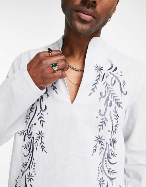 ASOS DESIGN kurta longline shirt with embroidery in blue linen mix, 4 of 4