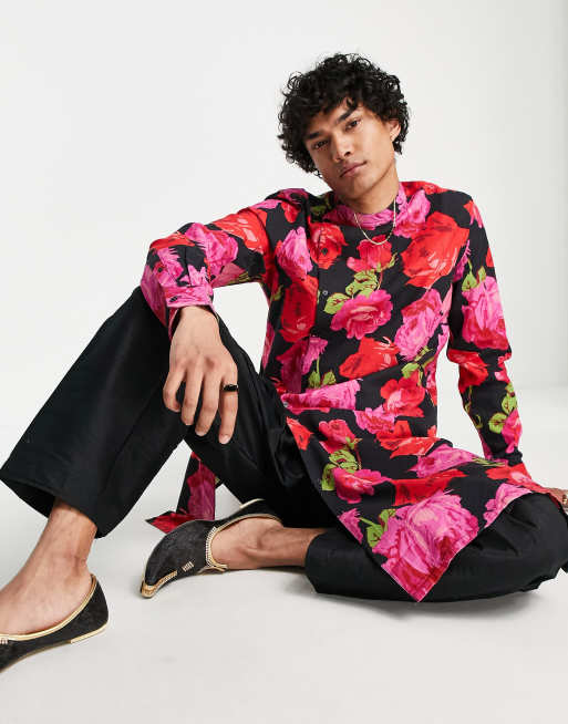 ASOS DESIGN - Kurta lungo in lino a fiori con parte frontale asimmetrica