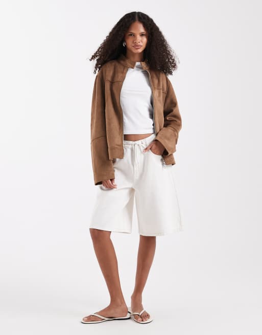 ASOS DESIGN kurtka biker ze sztucznego zamszu w kolorze jasnobrązowym, 2 z 4