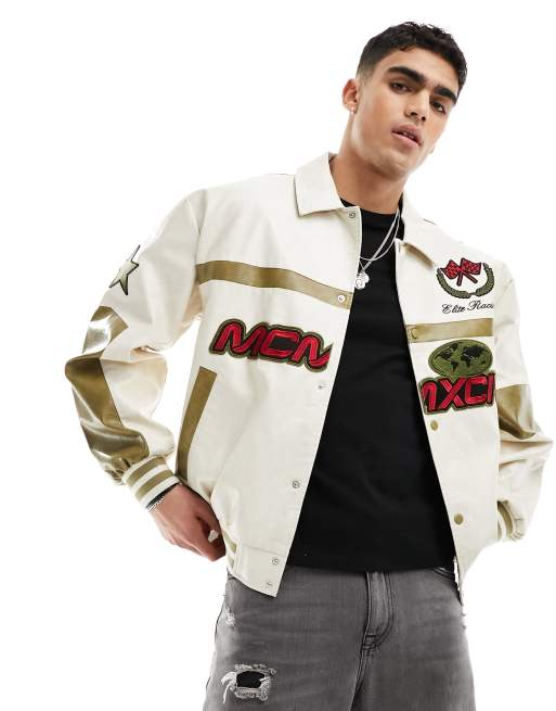 ASOS DESIGN – Kurtka bomberka oversize w motocrossowym stylu z imitacji skóry w kolorze ecru