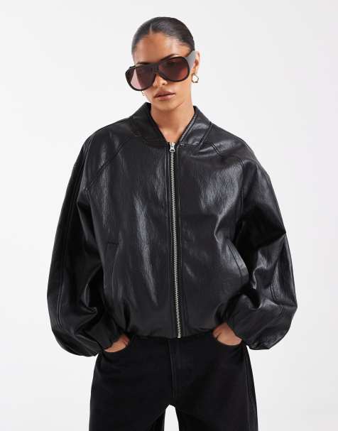 ASOS DESIGN kurtka bomberka oversize z imitacji skóry w spranym czarnym - view 1