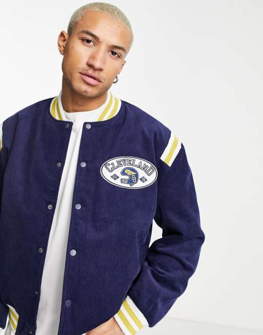 ASOS DESIGN – Kurtka bomberka w uniwersyteckim stylu z granatowego sztruksu z kontrastowymi lamówkami