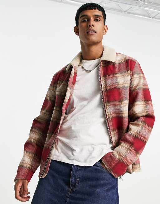 ASOS DESIGN – Kurtka Harrington w czerwoną kratkę z kołnierzem z kożuszka