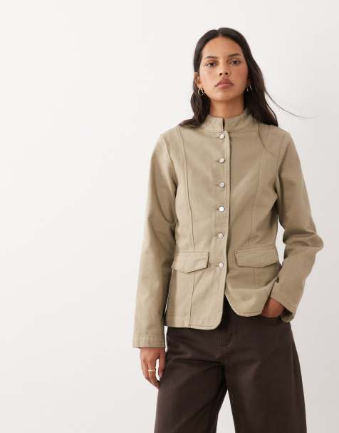 ASOS DESIGN kurtka jeansowa z detalem przy kołnierzu w neutralnym kolorze - view 1