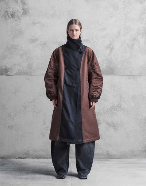 ASOS DESIGN – Kurtka parka o wydłużonym fasonie z różnych materiałów w kolorze czekoladowym i czarnym - view 1