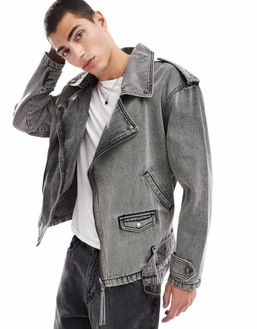 ASOS DESIGN – Kurtka typu biker oversize w spranym szarym kolorze