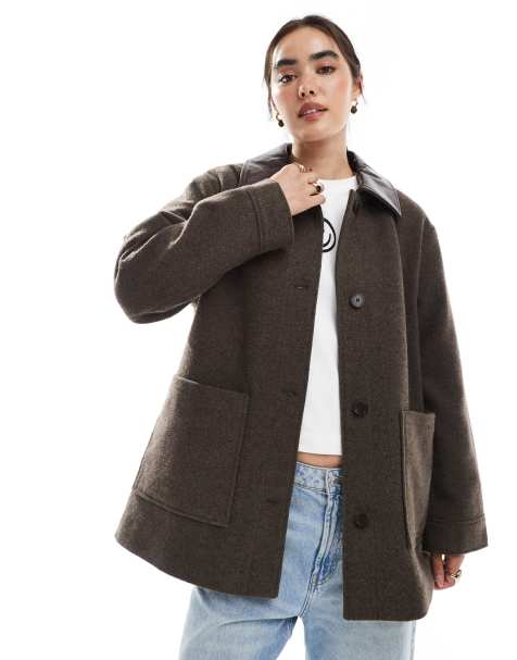 ASOS DESIGN leather look collar formal jacket with quilt lining in mocha