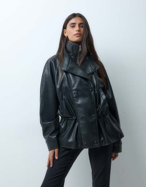 ASOS DESIGN kurtka w stylu lat 80., z imitacji skóry, dwuwarstwowa, ze ściągnięciem w talii, czarna - view 1