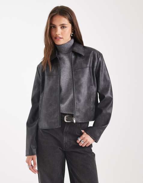 ASOS DESIGN leather look top collar jacket in washed black