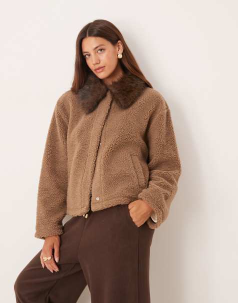 ASOS DESIGN borg fleece jacket with leopard faux fur collar