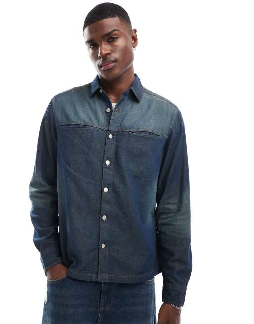  ASOS DESIGN – Kurz geschnittene Jeans-Hemdjacke mit verwaschenen Details in Dunkelblau