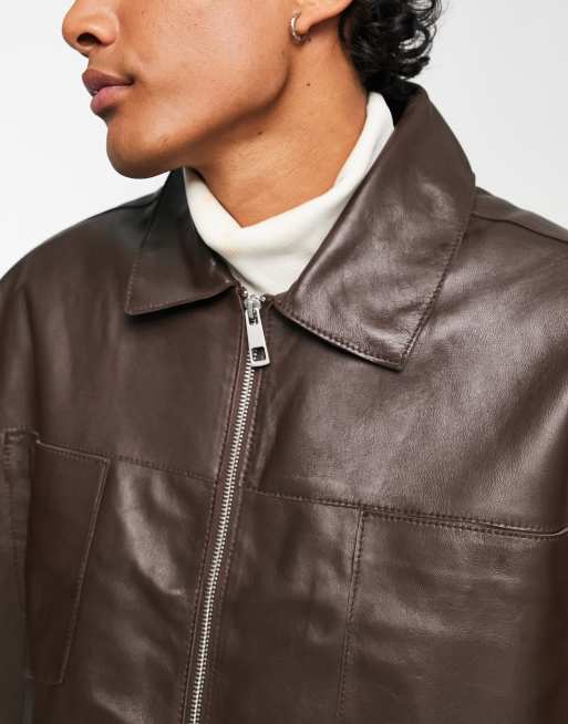 ASOS DESIGN – Kurz geschnittene Oversize-Harrington-Jacke aus echtem Leder in Braun, 3 von 4