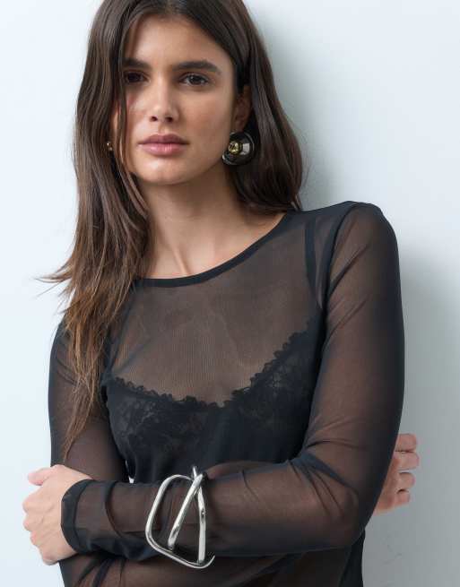 ASOS DESIGN – Kurz geschnittenes, langärmliges Oberteil aus Netzstoff in Schwarz , 2 von 4