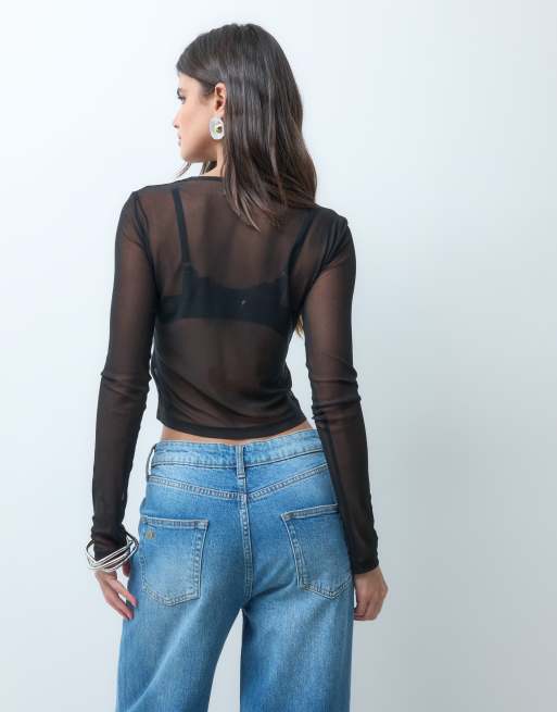 ASOS DESIGN – Kurz geschnittenes, langärmliges Oberteil aus Netzstoff in Schwarz , 3 von 4