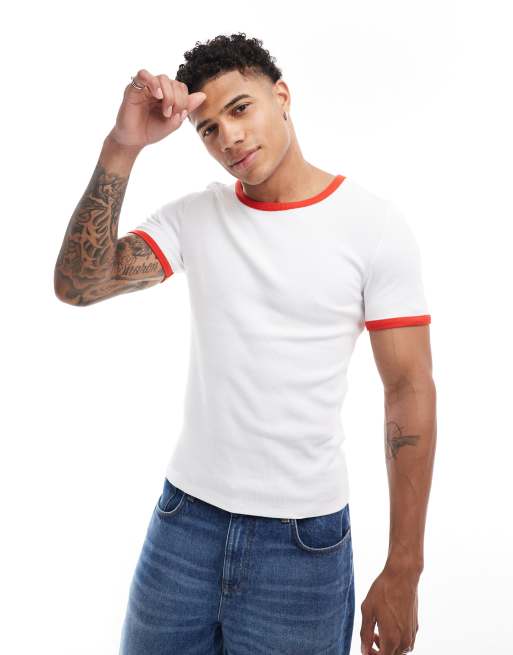 ASOS DESIGN – Kurz geschnittenes Muskel-T-Shirt in Weiß mit Ringerrücken
