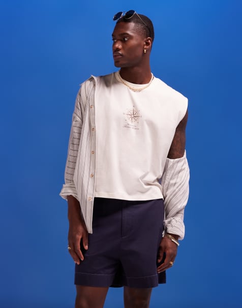 ASOS DESIGN – Kurz geschnittenes Oversize-Trägershirt in Beige mit Kompass-Print auf der Brust - view 1