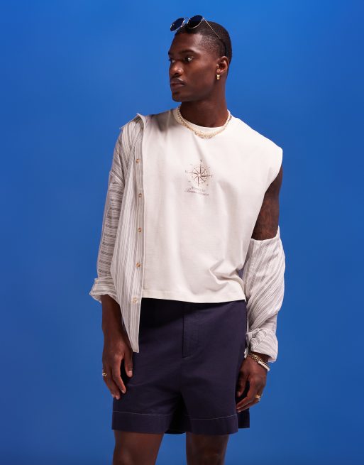 ASOS DESIGN – Kurz geschnittenes Oversize-Trägershirt in Beige mit Kompass-Print auf der Brust