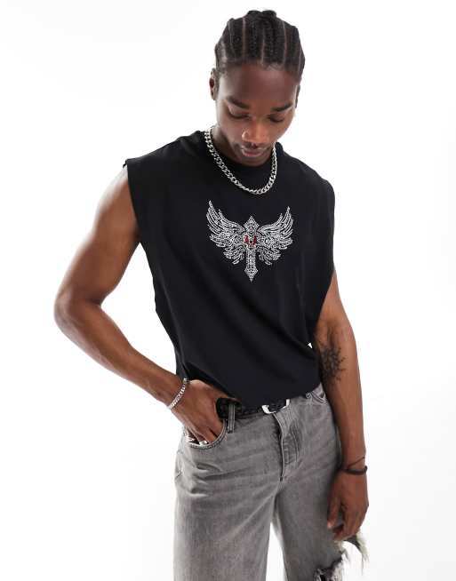ASOS DESIGN – Kurz geschnittenes Oversize-Trägershirt in Schwarz mit Strass-Print auf der Brust