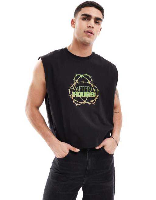 ASOS DESIGN – Kurz geschnittenes Oversize-Trägershirt in Schwarz mit Streetstyle-Textprint auf der Brust