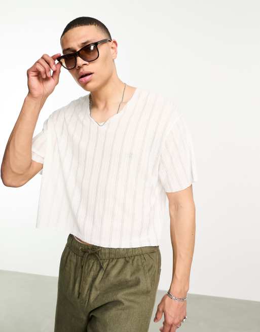 ASOS DESIGN – Kurz geschnittenes T-Shirt in Weiß mit unterbrochener Rippenstruktur
